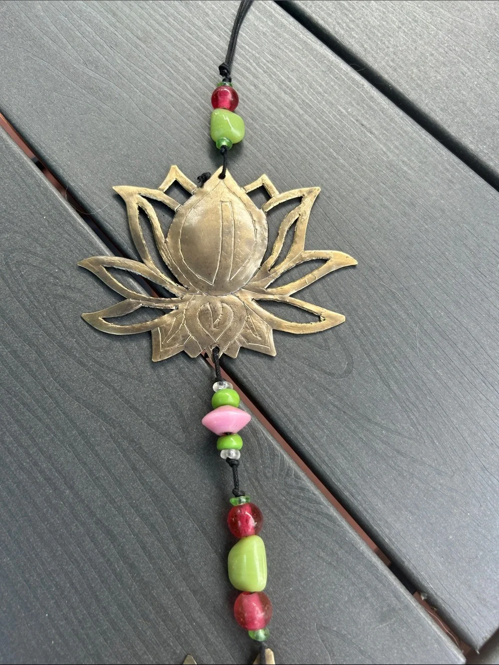 Brass Lotus Bell Wall Hanging with Red and Green Beads